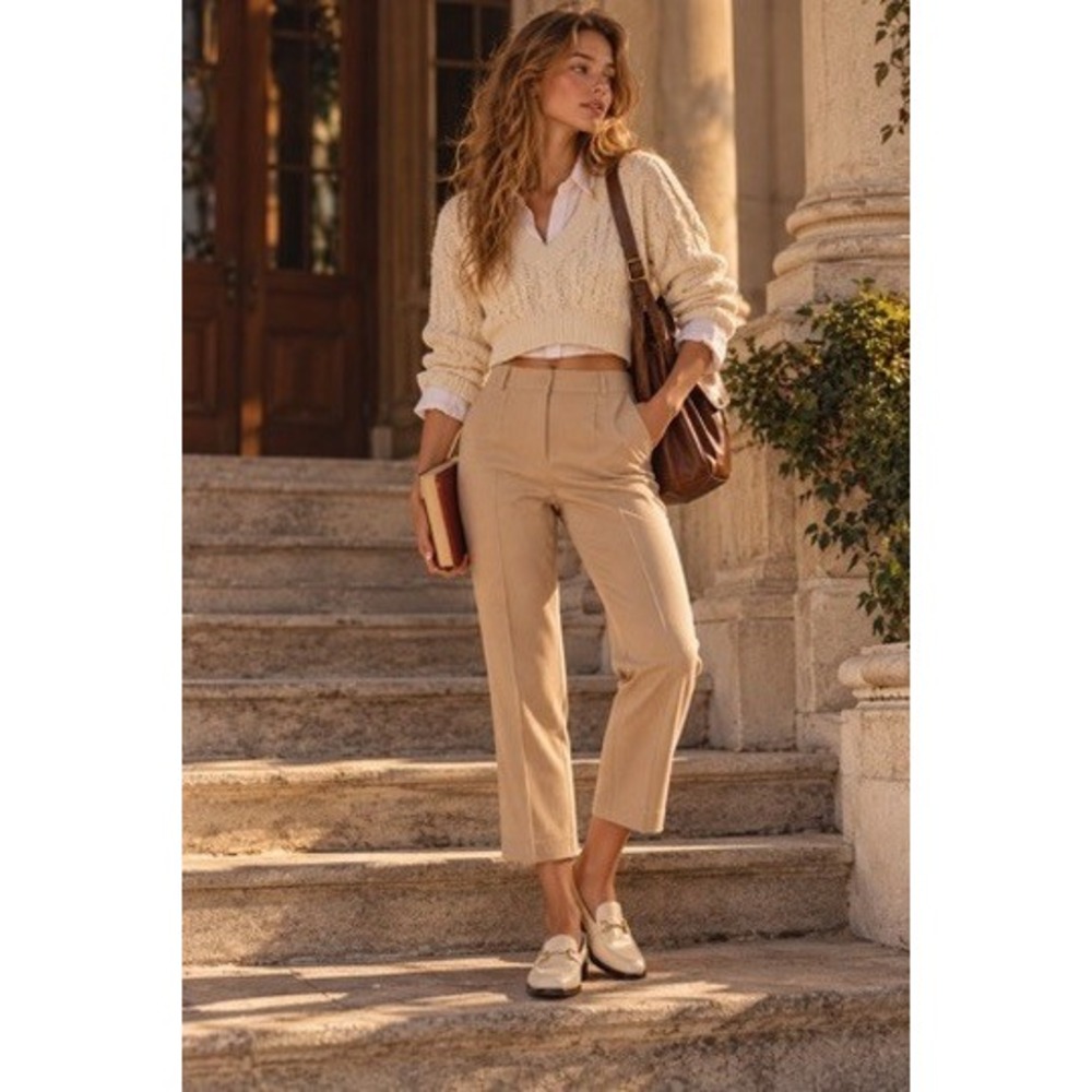 Ann Taylor Petite 2P Camel Tan High Rise Seam Front Ankle Dress Pants Office